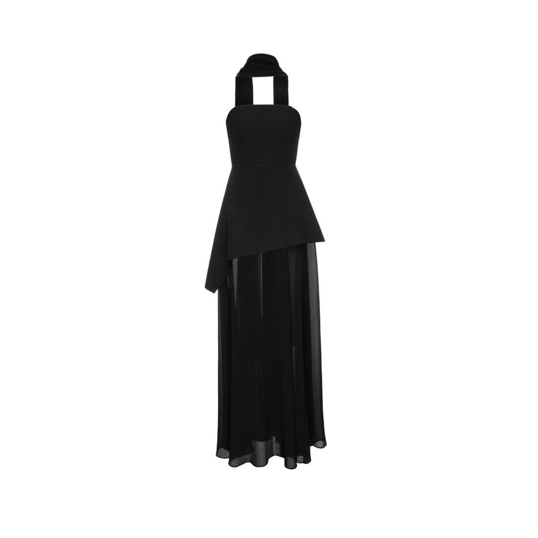 BLAIR – Asymmetric evening dress with flowing chiffon overlay