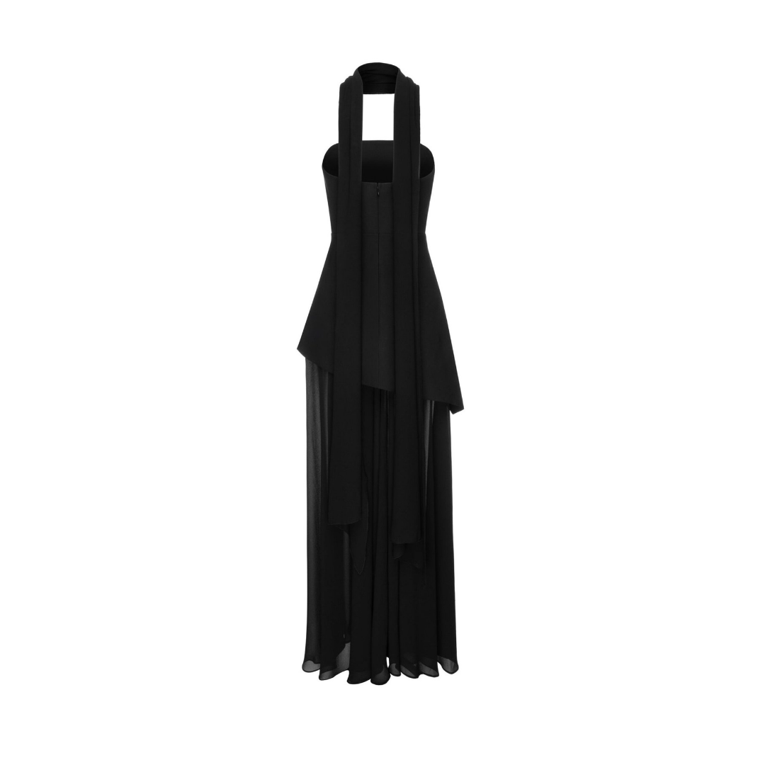 BLAIR – Asymmetric evening dress with flowing chiffon overlay