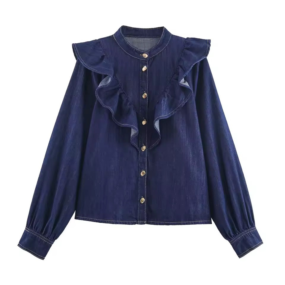 AMIRA – Denim Zweiteiler mit Rüschenbluse & Hose