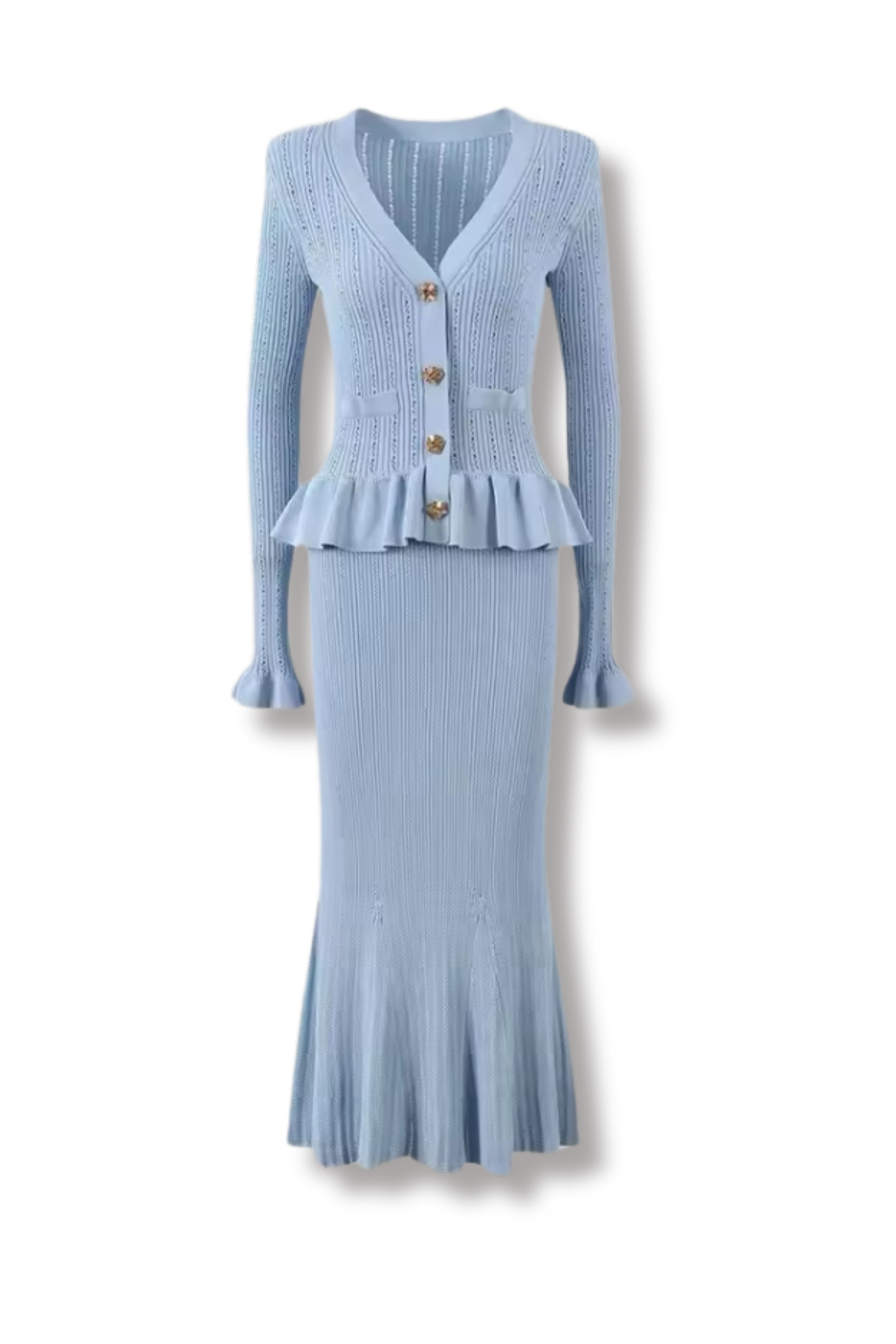 CIDNEY - Feinstrickkleid mit Schösschen & Statement-Zierknöpfen