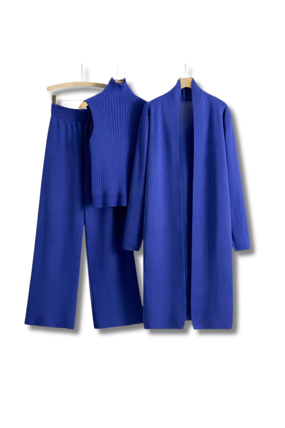 HELEN - Dreiteiler Lange Strickjacke, weite Hose & ärmelloses Rollkragen Top aus Strick