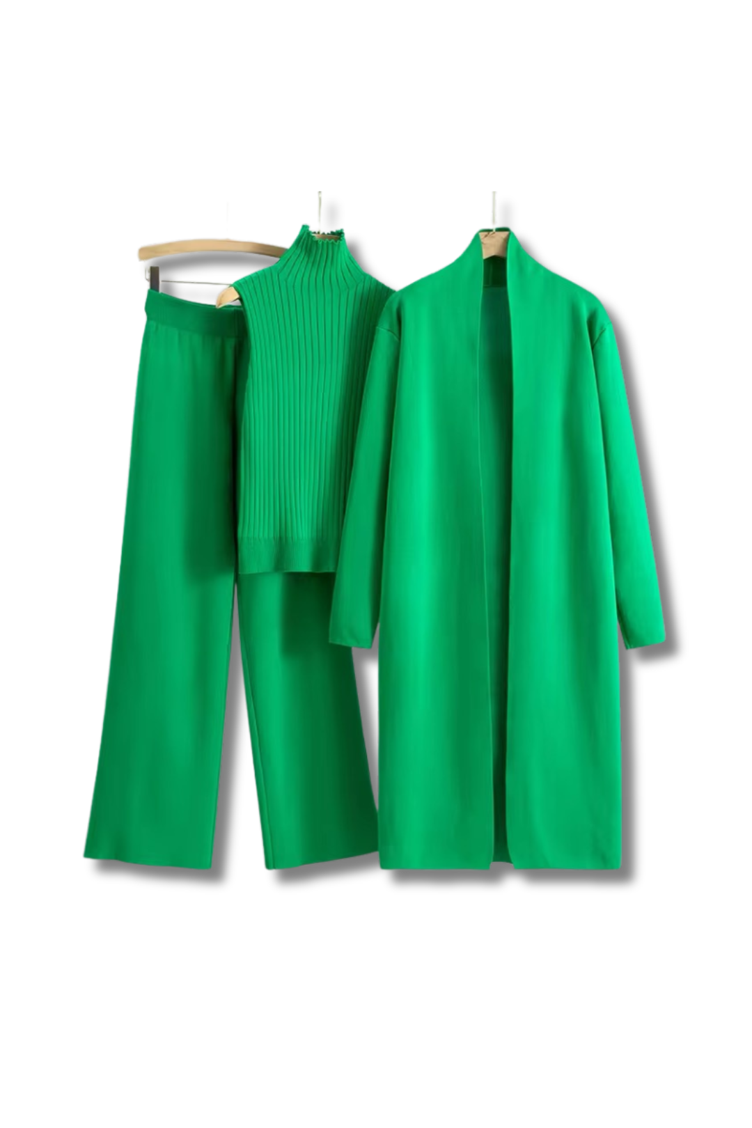 HELEN - Dreiteiler Lange Strickjacke, weite Hose & ärmelloses Rollkragen Top aus Strick