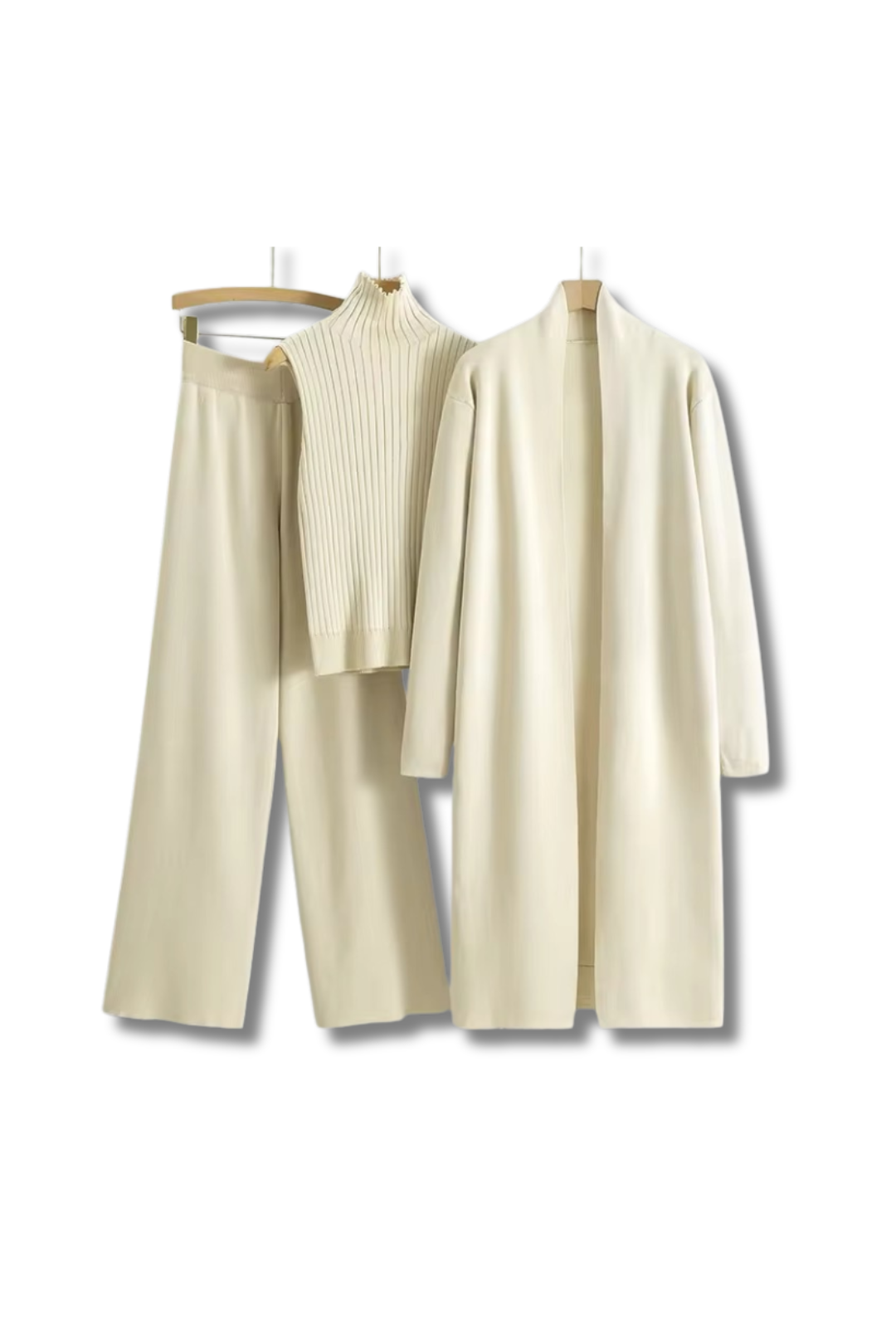 HELEN - Dreiteiler Lange Strickjacke, weite Hose & ärmelloses Rollkragen Top aus Strick