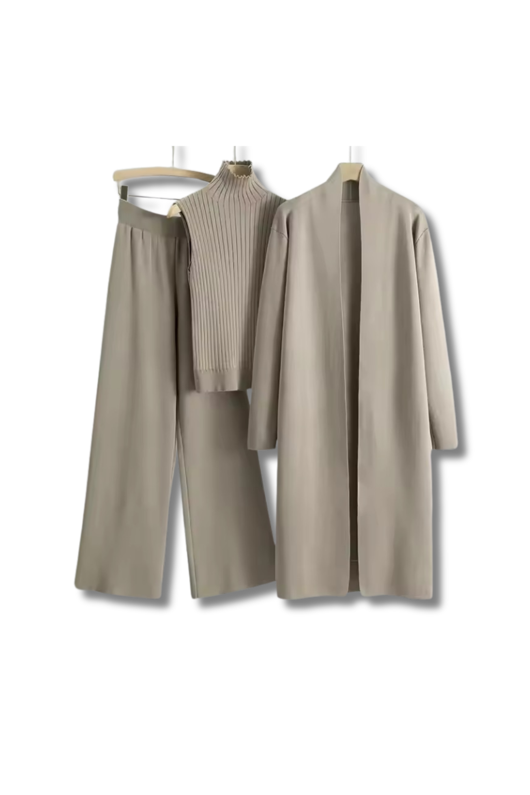 HELEN - Dreiteiler Lange Strickjacke, weite Hose & ärmelloses Rollkragen Top aus Strick