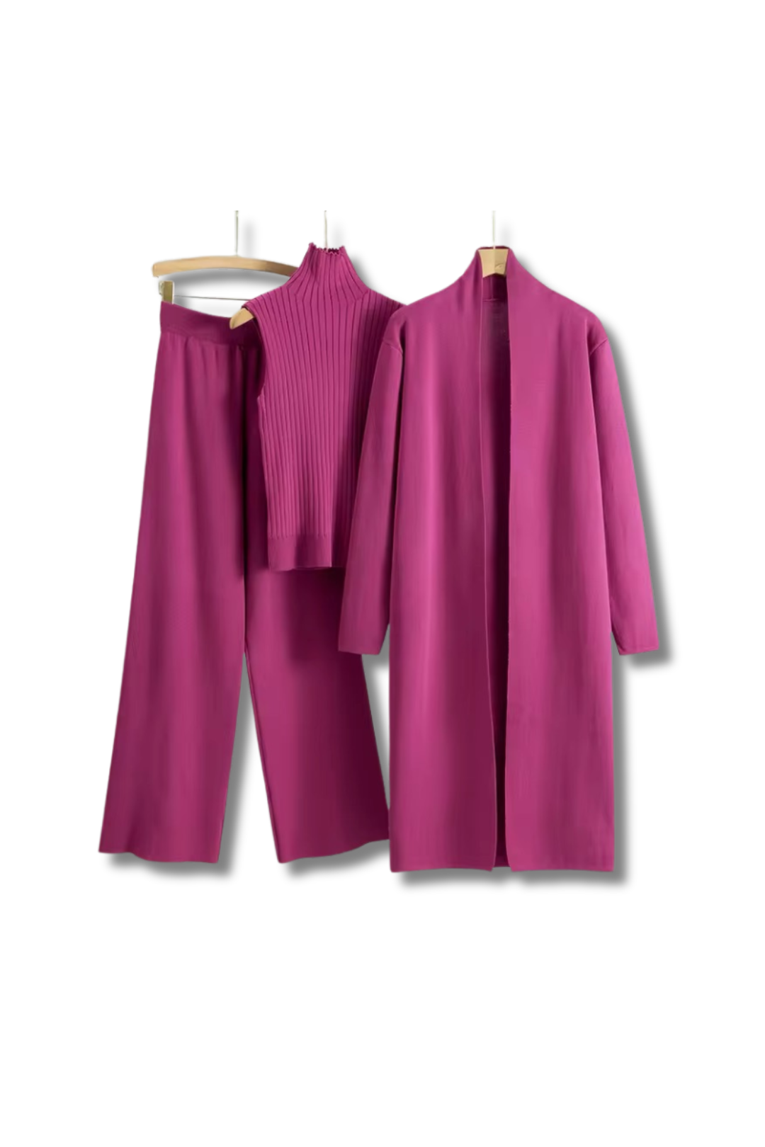 HELEN - Dreiteiler Lange Strickjacke, weite Hose & ärmelloses Rollkragen Top aus Strick