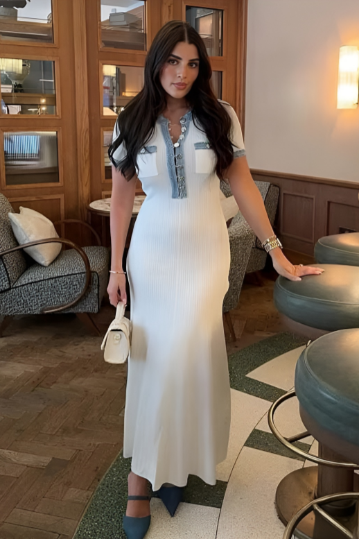 KATHI -  Elegantes Strickkleid mit Denim Patchwork