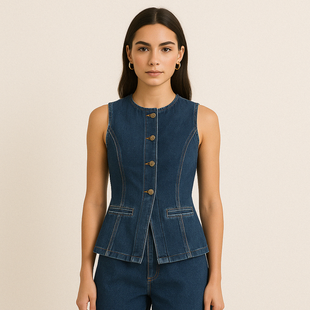 DENISE – Zweiteiliges Denim-Set mit taillierter Weste & High-Waist Shorts