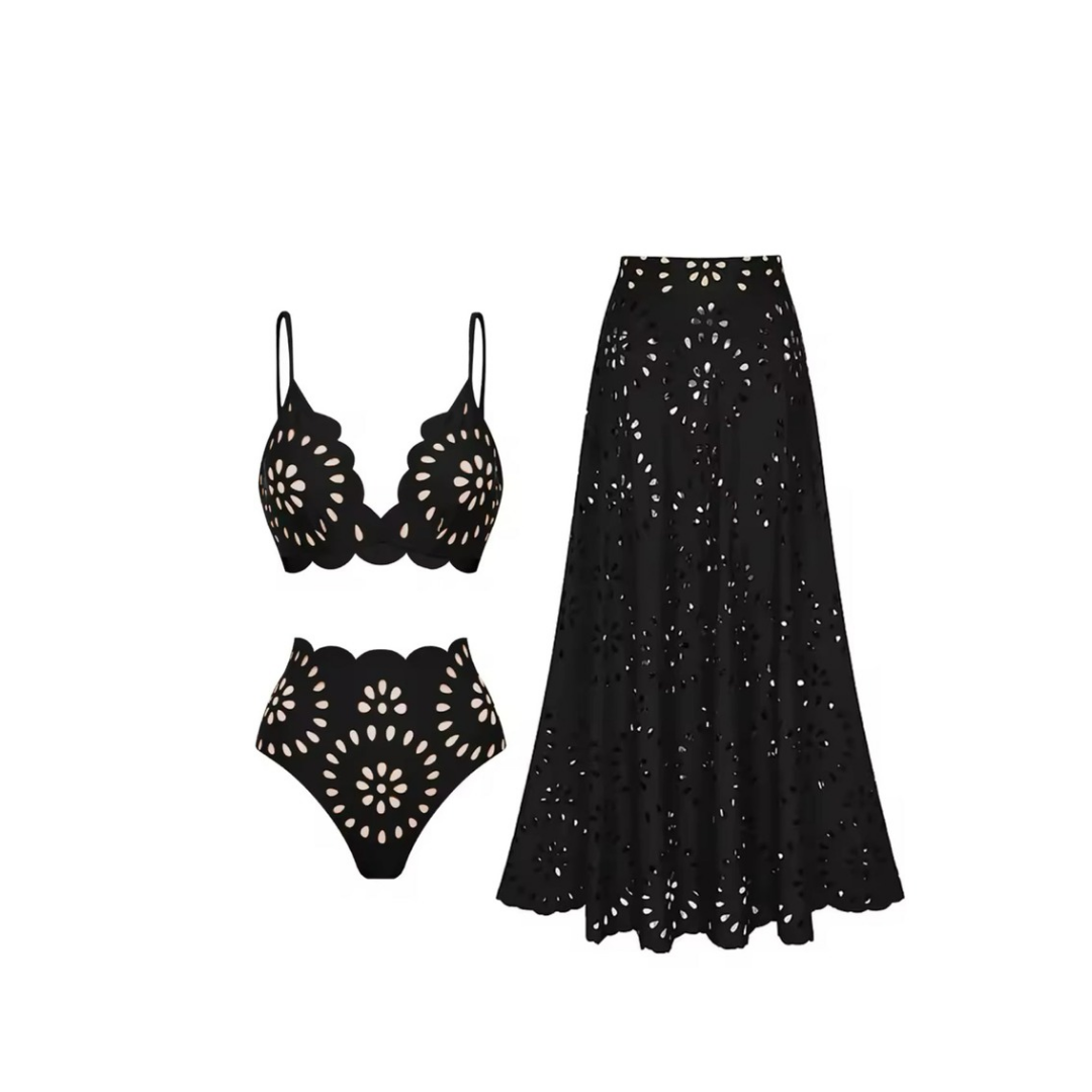 FRANCESSCA – Dreiteiliges Bademode-Set mit Cutout-Blumenmuster