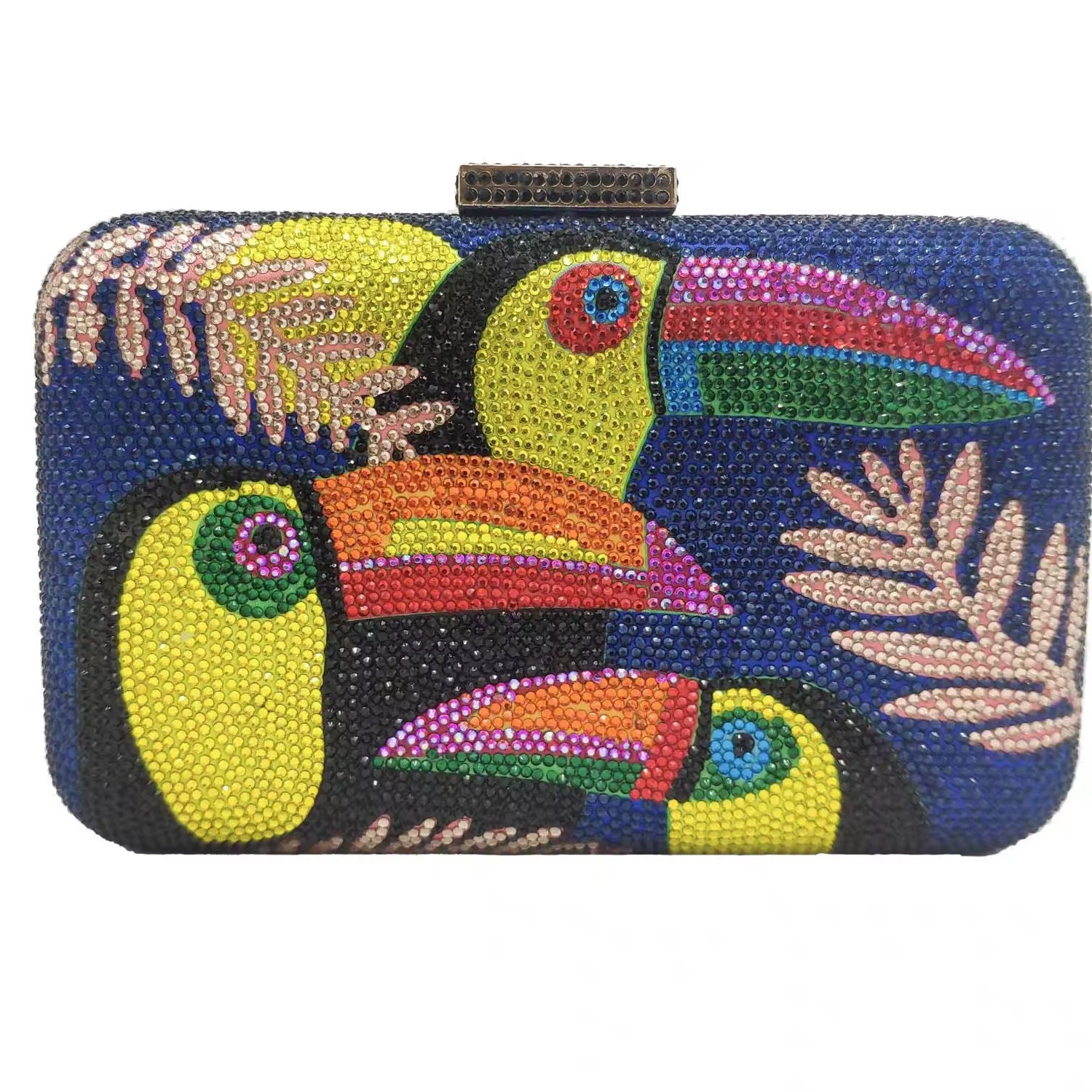 ŌMU – Strassbesetzte Clutch mit Toucan-Motiv