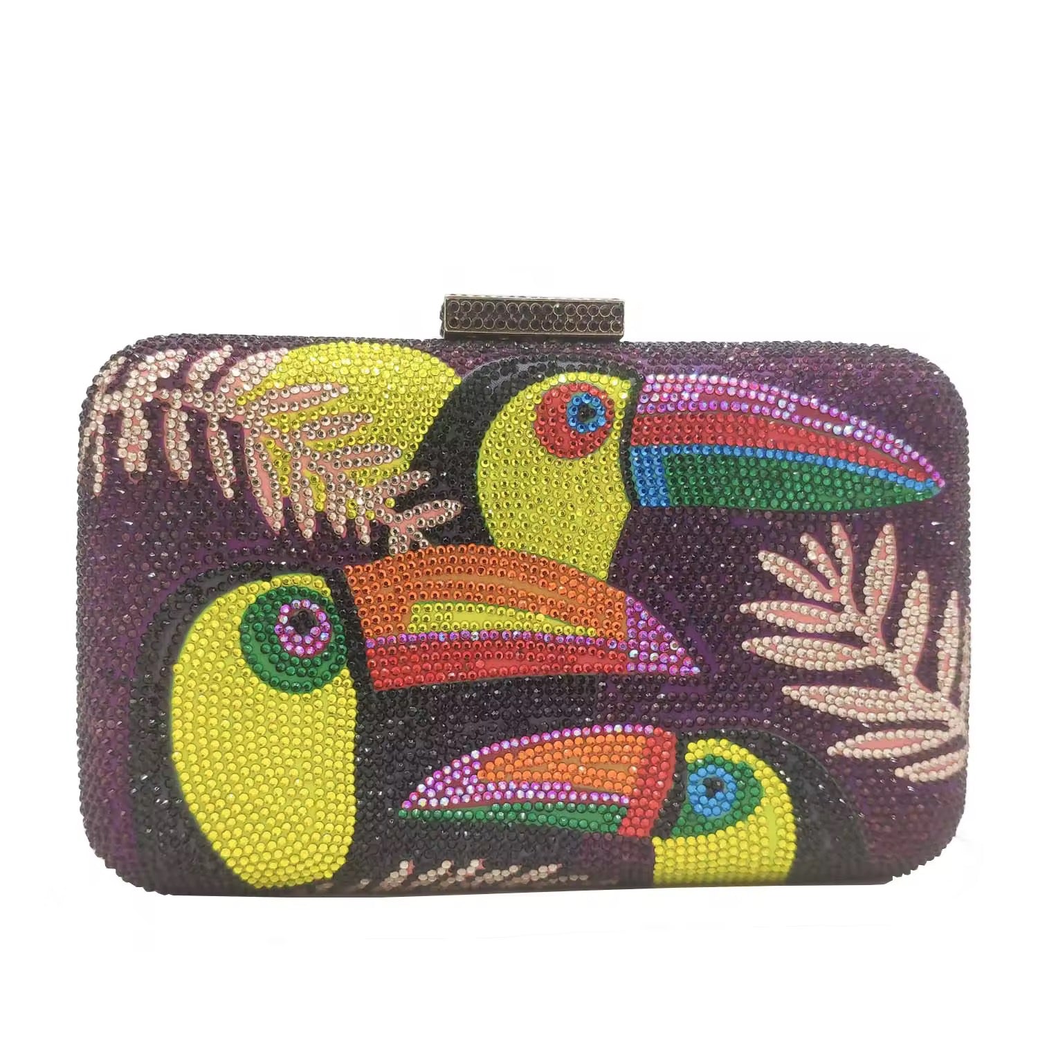 ŌMU – Strassbesetzte Clutch mit Toucan-Motiv