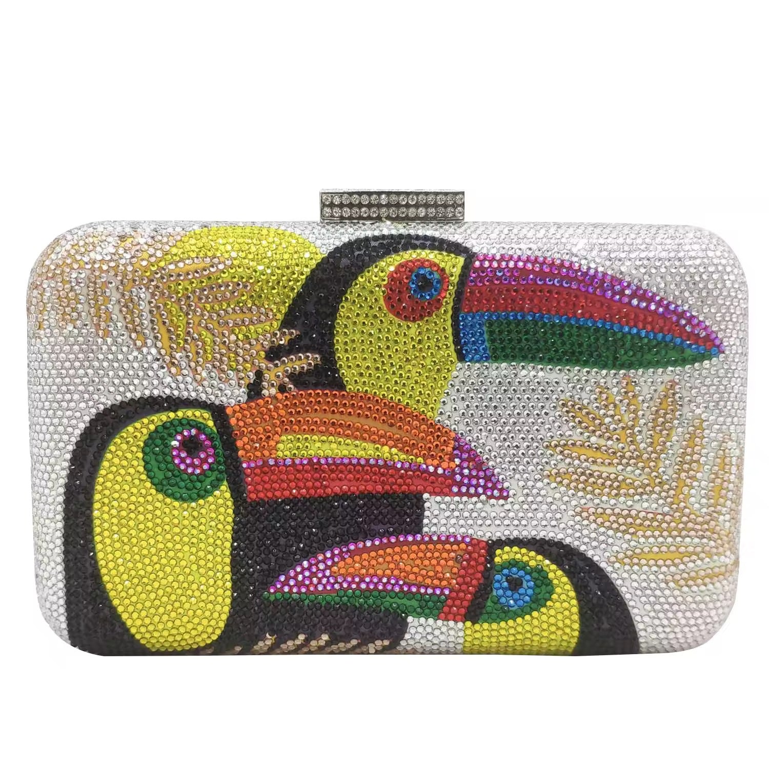 ŌMU – Strassbesetzte Clutch mit Toucan-Motiv
