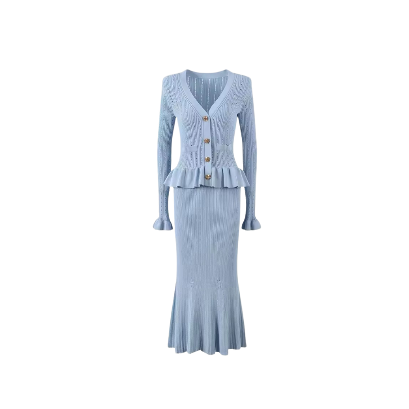 CIDNEY - Feinstrickkleid mit Schösschen & Statement-Zierknöpfen