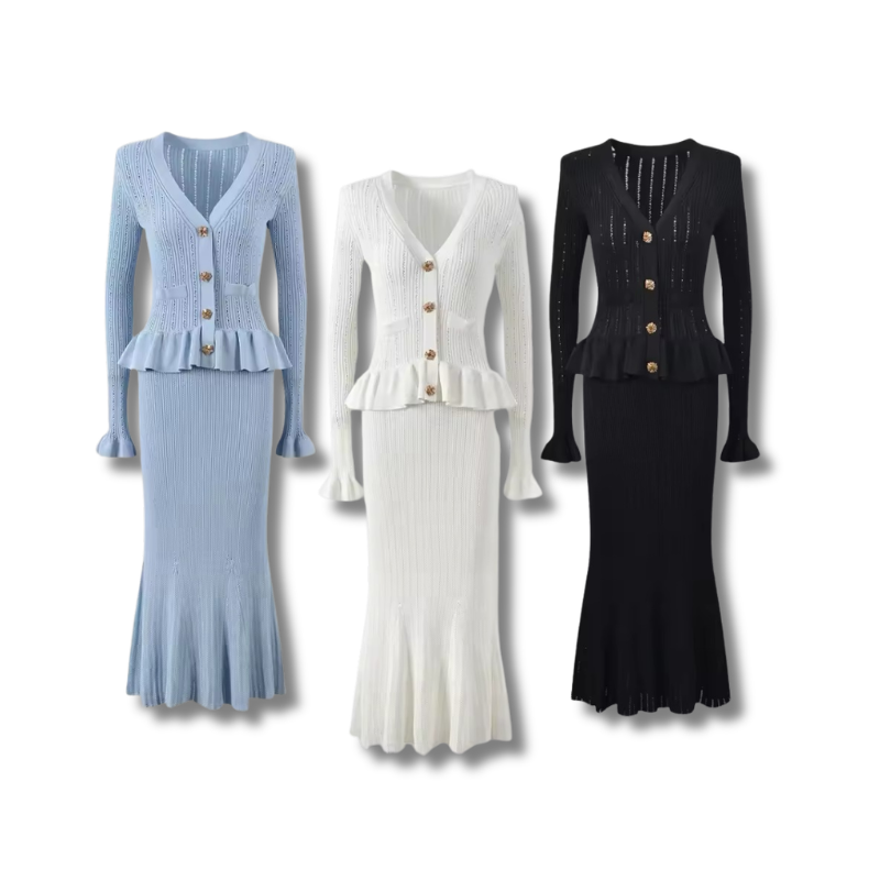 CIDNEY - Feinstrickkleid mit Schösschen & Statement-Zierknöpfen